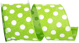 2.5"X10YDS Lime&White Jumbo Dots Linen Wired Edge Ribbon
