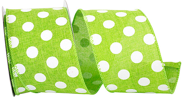 2.5"X10YDS Lime&White Jumbo Dots Linen Wired Edge Ribbon