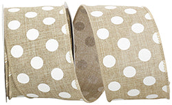 2.5" x 10 Yards White Jumbo Dots Linen Wired Edge Ribbon