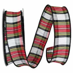 1.5" x 20 Yards Holiday Tradition Dupioni Plaid Wired Edge Ribbon | Red Green White Black