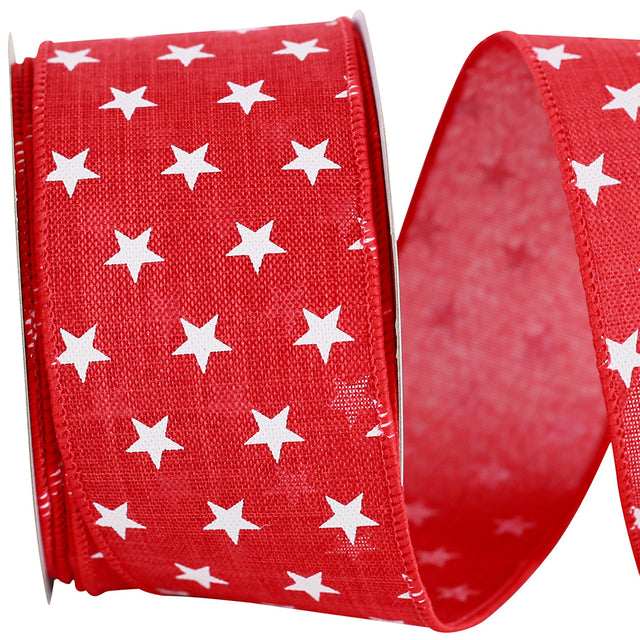 2.5" x 10 Yards Star Tossed Linen Ribbon | Red & White