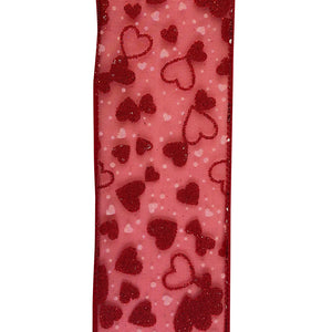 2.5" Red Sheer Glitter & White Hearts Wired Ribbon | 20 Yards