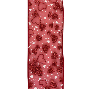 2.5" Red Sheer Glitter & White Hearts Wired Ribbon | 20 Yards