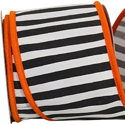 4 inch X 10 yards Railroad Stripe Wired Ribbon, Black White & Orange