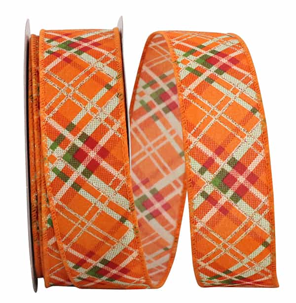 1.5" x 20 YDS Orange Plaid Tonal Sparkle Wired Ribbon