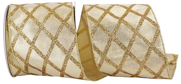 4" Gold Glitter Diamond Lattice Metallic Shine Wired Edge Ribbon- 10 Yards