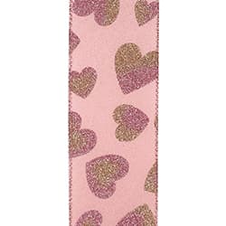 2.5" Heart Glitter Pink Two Tone Hearts Sheen Wired Edge Ribbon l 10 Yards