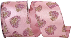 2.5" Heart Glitter Pink Two Tone Hearts Sheen Wired Edge Ribbon l 10 Yards