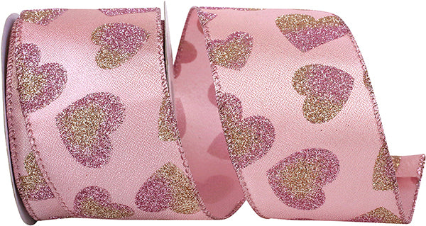 2.5" Heart Glitter Pink Two Tone Hearts Sheen Wired Edge Ribbon l 10 Yards