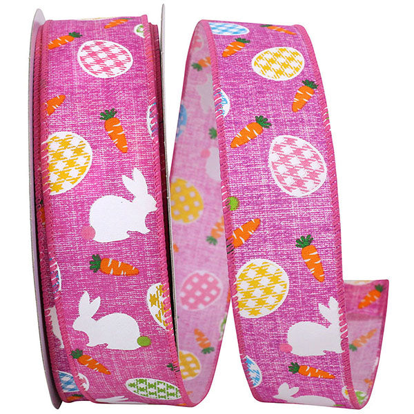 1.5" x 20YDS Pink Bunny, Egg and Carrot | Linen Wired Edge Ribbon