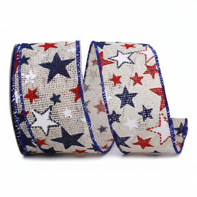Two rolls of ribbon with red, white, and blue star patterns on a white background.