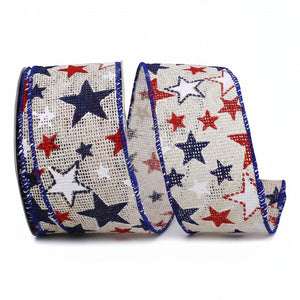 Two rolls of ribbon with red, white, and blue star patterns on a white background.