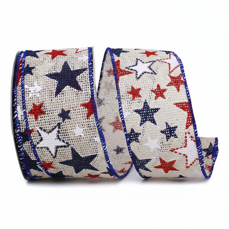 Two rolls of ribbon with red, white, and blue star patterns on a white background.
