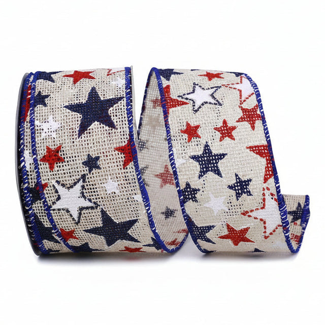 Two rolls of ribbon with red, white, and blue star patterns on a white background.