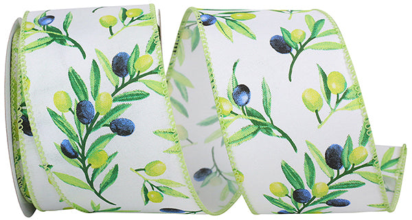 2.5" x 10-yard Olive Branches Ribbon | Green & White