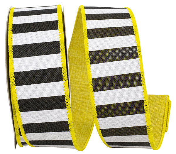 1.5" x 10YDS Black White Yellow Cabana Stripe| Dupioni Backing | Wired Edge