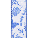 2.5"X10YDS White&Blue Ferns & Branches Wired Edge Ribbon