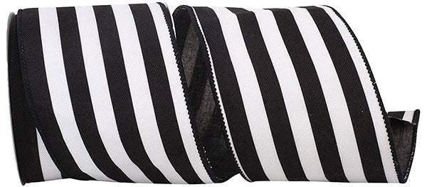 4" x 5YDS Black & White | Horizontal Striped Canvas | Deluxe Wired Edge Ribbon