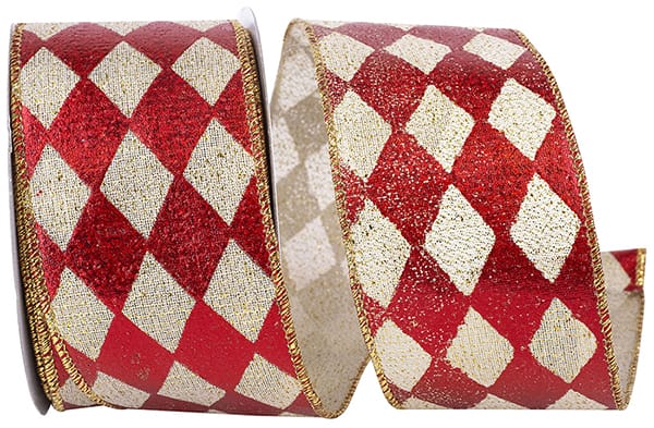 2.5" Red-Gold Harlequin Diamond Glimmer Deluxe Wired Edge Ribbon- 10 Yards