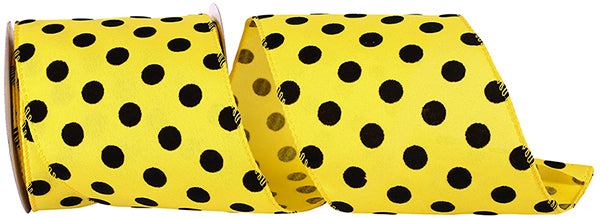 4" Yellow| Black Velvet Dots | Linen | Wired Edge Ribbon | 10 Yards