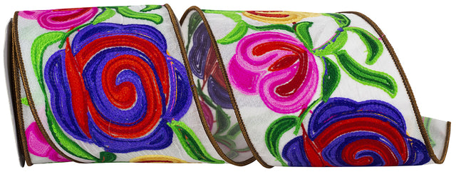 4" x 5-yard Floral Embroidery Stitches Ribbon | Multicolor