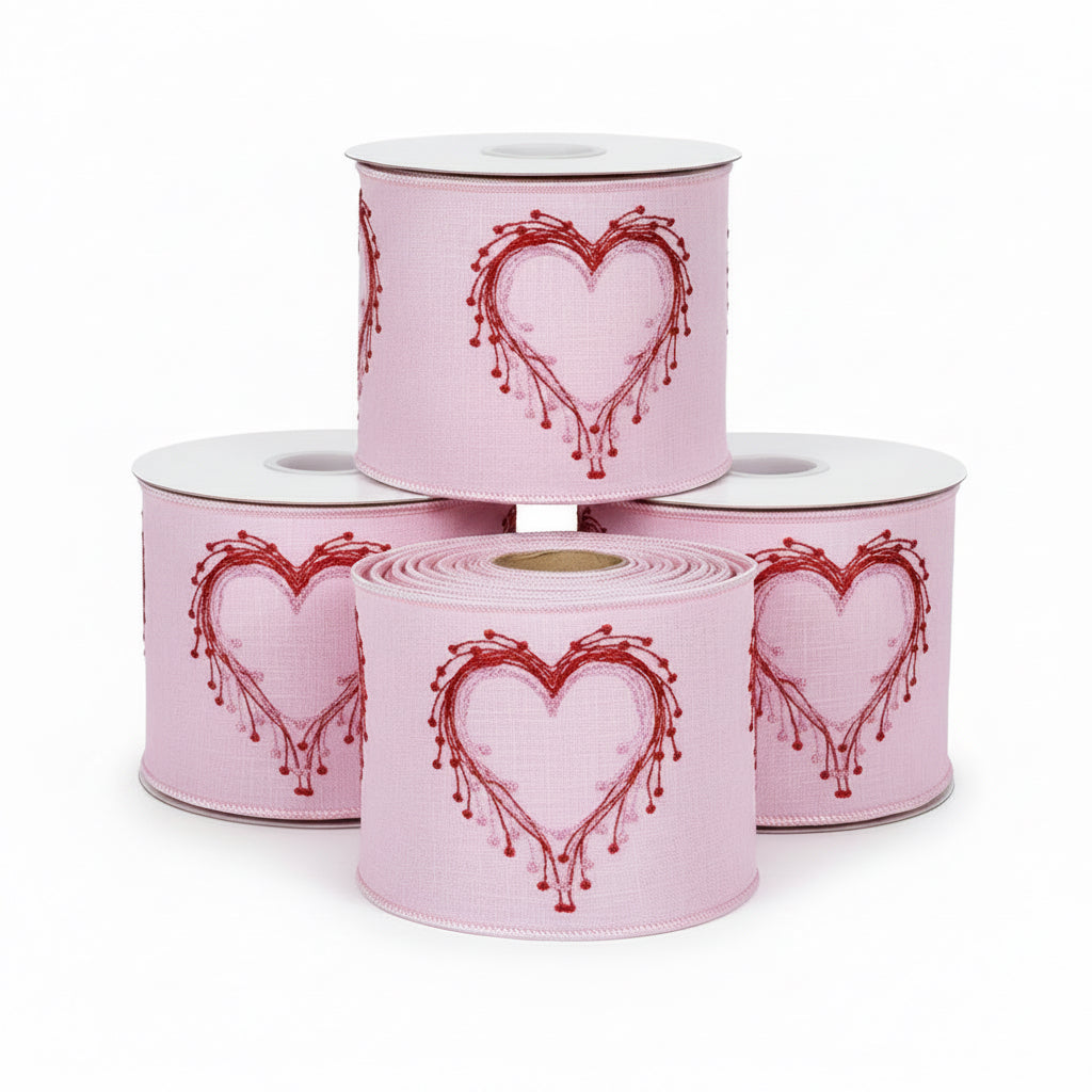 4" X 5 YD Heart Embroidery Deluxe Dupioni Wired Ribbon