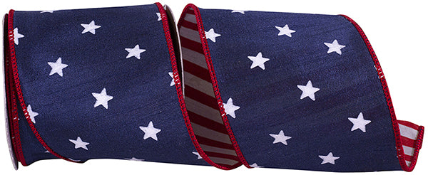 4" x 5 YDS 2-Sided Navy Stars & Stripes Dupioni Deluxe | Wired Edge Ribbon