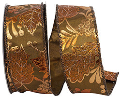 1.5" Copper Leaves and Acorns Metal Wired Edge Ribbon- 10 Yards