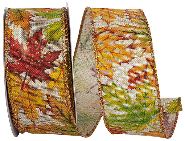 1.5" x 10 YDS Fall Leaves Linen Wired Ribbon