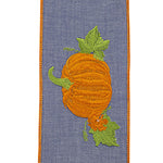 4" x 5 Yards Denim Pumpkin Embroidered Ribbon | Wired Edge