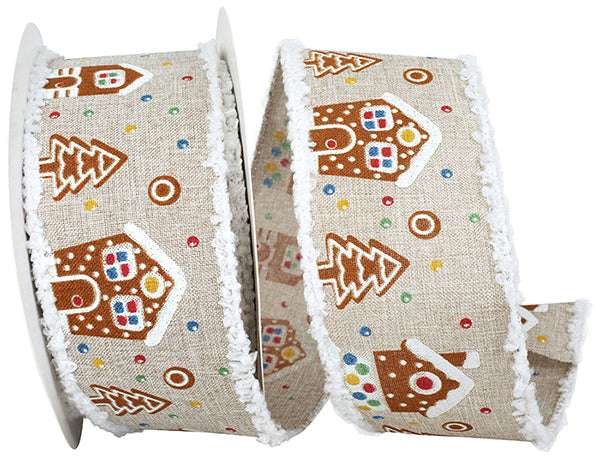 2.5" Gingerbread Houses Linen Wired Edge Ribbon- 10 Yards
