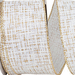 2.5" x 10YD Striped Texture Elegance Linen Wired Ribbon | Gold & Ivory