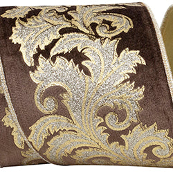 4 inch x 5 yards Filigree Scroll Leaf Velvet Wired Ribbon