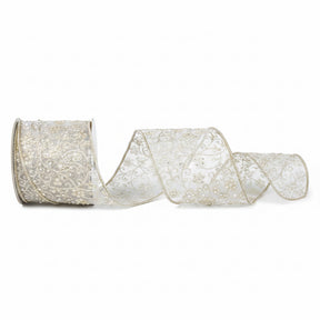 4 inchx 5 yards Jewel Embroidery Tissue Silk Deluxe Wired Edge Ribbon, Sheer Champagne