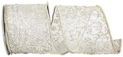 4"x 5YDS Jewel Embroidery Tissue Silk Deluxe Wired Edge Ribbon | Sheer Champagne