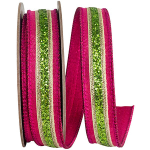 1" Glitter Stripe Fiesta Deluxe Ribbon | 5 Yards | Available in Fuschia/Lime & Red/Green