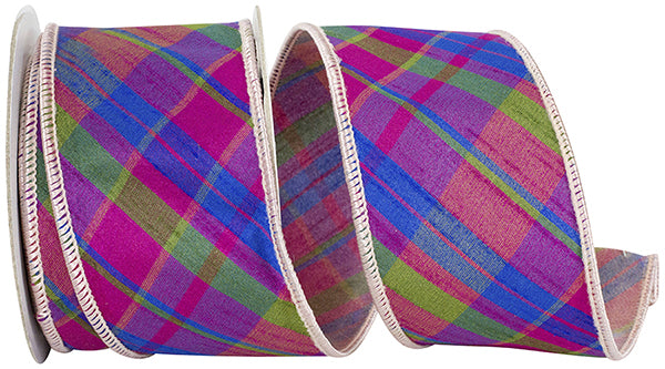 2.5" Magenta Plaid | Diagonal | Dupioni Deluxe | Wired Edge | Ribbon | 5 Yards