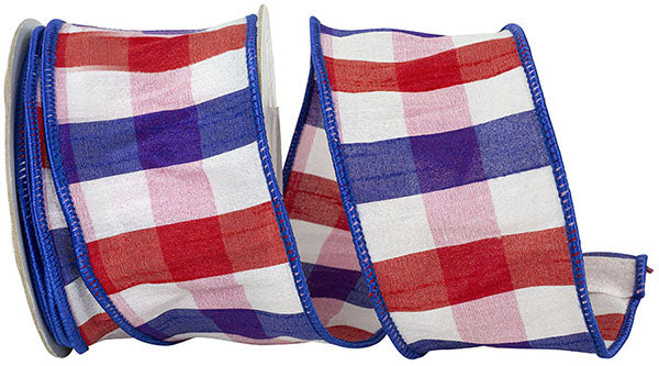 2.5" Red | White | Blue | Patriotic Plaid | Dupioni Wired Edge Ribbon | 10 Yards