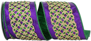 4"X5YDS Mardi Gras Jewel Embroidery Deluxe Metallic Wired Edge Ribbon