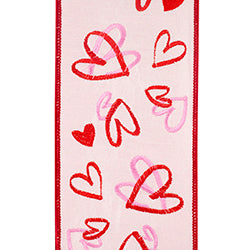 4" Pink | Hearts Embroidered | Dupioni Deluxe | Wired Edge Ribbon | 5 Yards