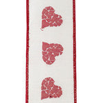2.5" White | Red | Hearts Mosaic Embroidered | Dupioni Deluxe | Wired Edge Ribbon | 5 yards