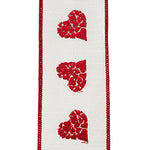 2.5" White | Red | Hearts Mosaic Embroidered | Dupioni Deluxe | Wired Edge Ribbon | 5 yards