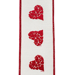 2.5" White | Red | Hearts Mosaic Embroidered | Dupioni Deluxe | Wired Edge Ribbon | 5 yards