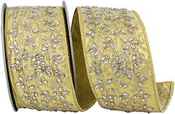 2.5"x5 Yards Jeweled Vines Metallic Deluxe Wired Edge Ribbon | Gold
