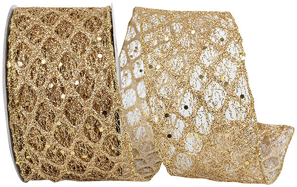 2.5" x 10 YDS Gold Glitter Mesh Diamond Web Sequin Dots Ribbon