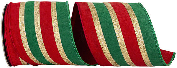 4" x 5 YDS Stripe Trimming Overlay Dupioni Deluxe Wired Ribbon | Red & Green