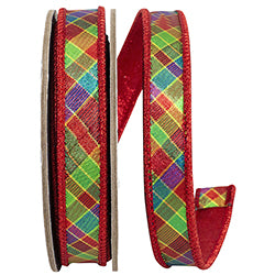 7/8"x5YDS Plaid Metallic Jewel Tone Deluxe Metallic Backed Red Wired Edge Ribbon
