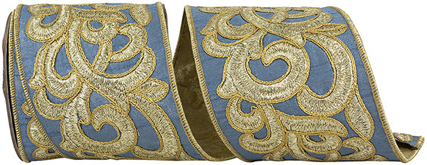 4" x 5YDS French Blue Scroll Embroidery Ribbon