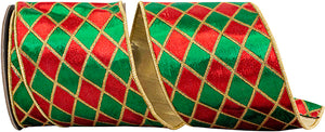 2.5"|4" x 5YDS Green & Red Diamond Velvet Metallic Dupioni Backed Ribbon