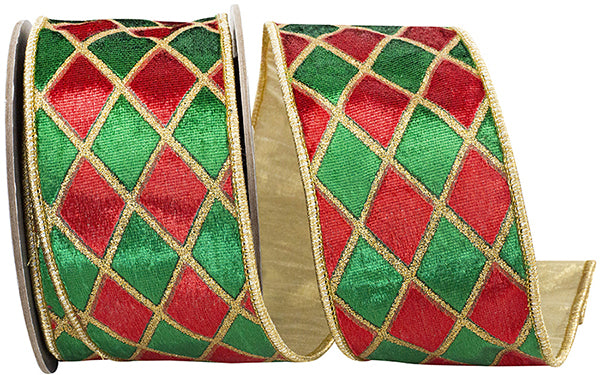 2.5"|4" x 5YDS Green & Red Diamond Velvet Metallic Dupioni Backed Ribbon